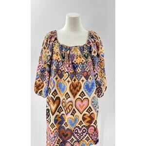 Farm Rio Brown Linen Heart Dress Puff Sleeve Smocked Mini Boho Oversized S